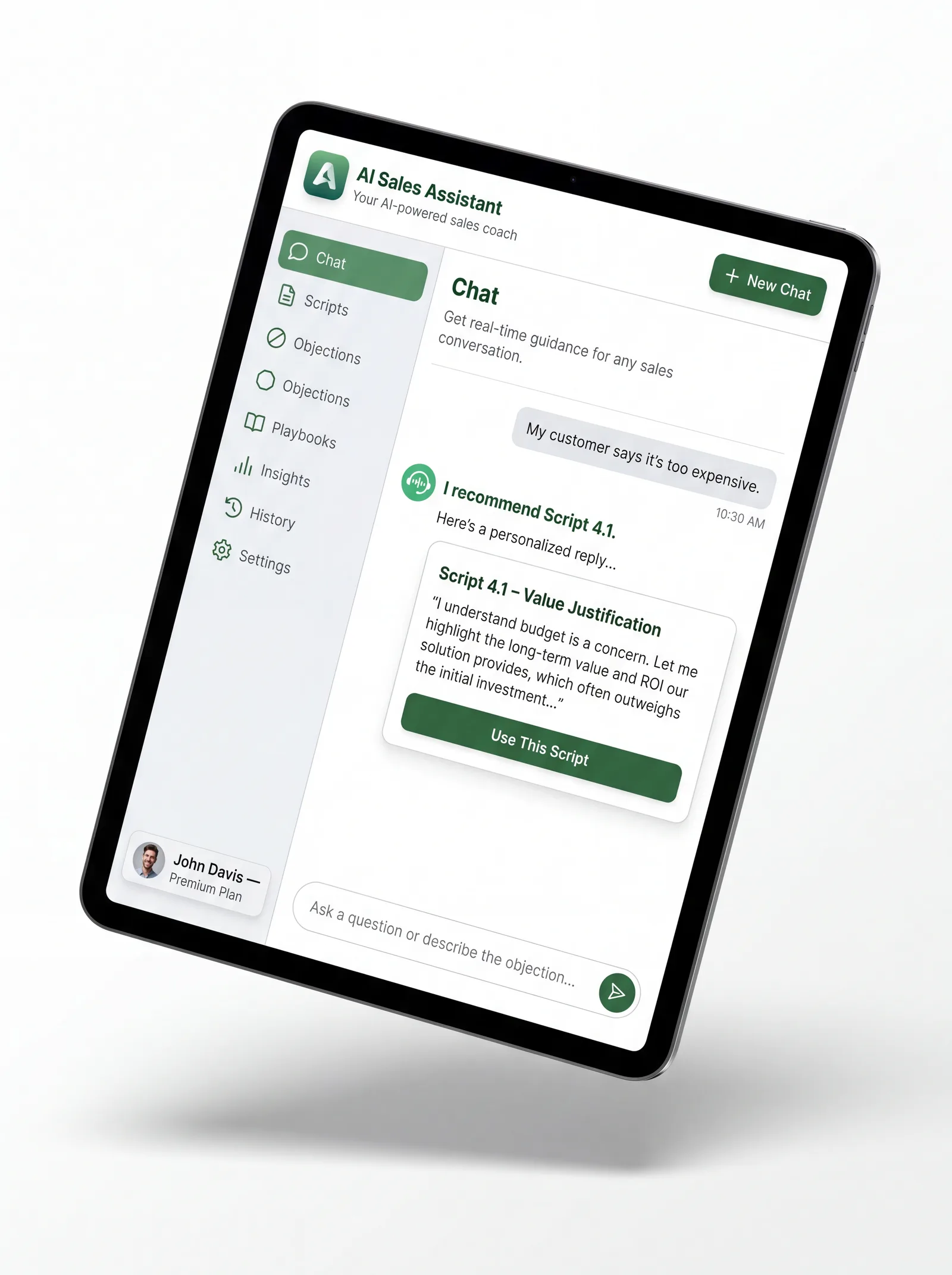 The AI Sales Assistant on a tablet, replying to a pricing objection with a ready-to-send script