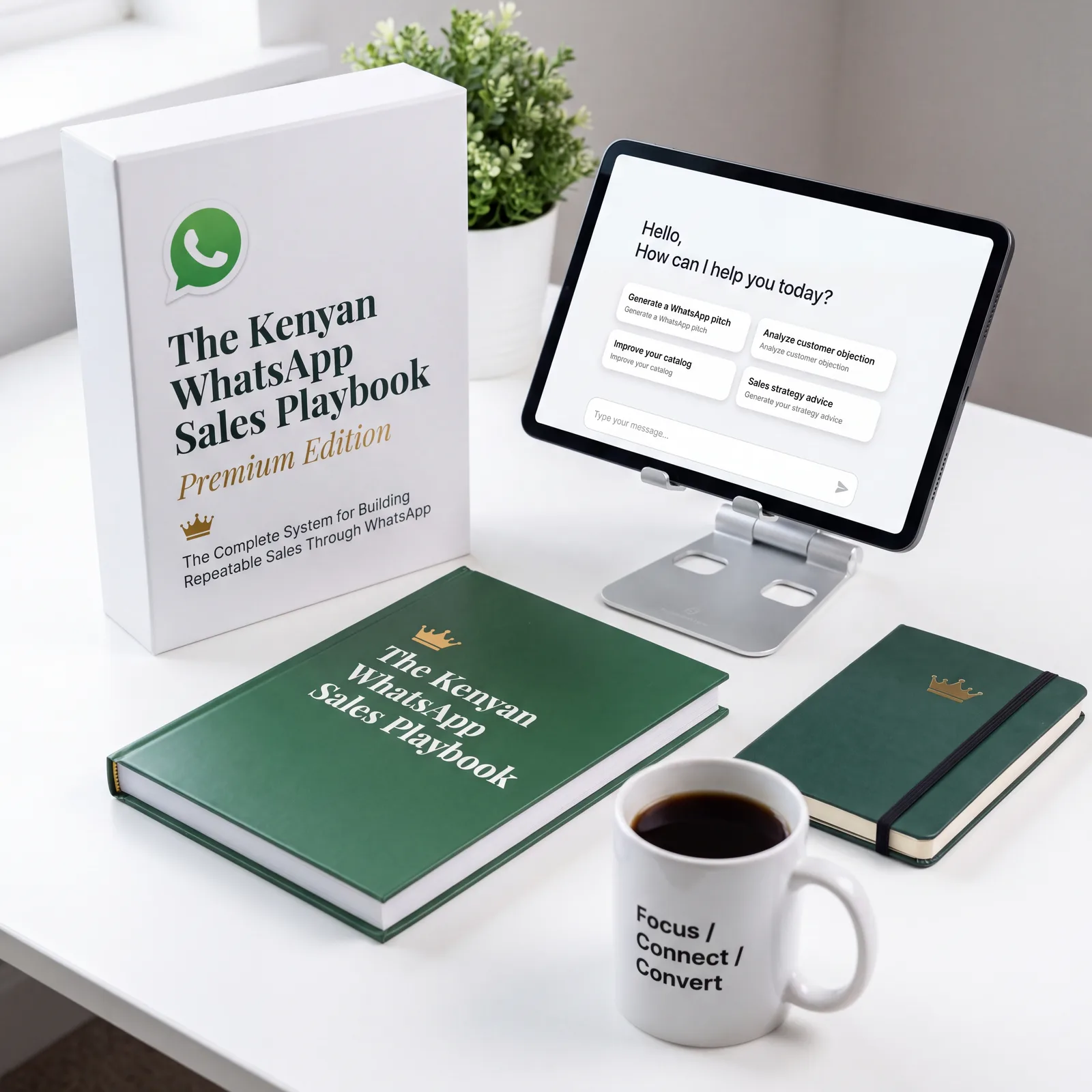 The Premium Edition box, the hardcover playbook, a notebook, and the AI assistant tablet on a desk