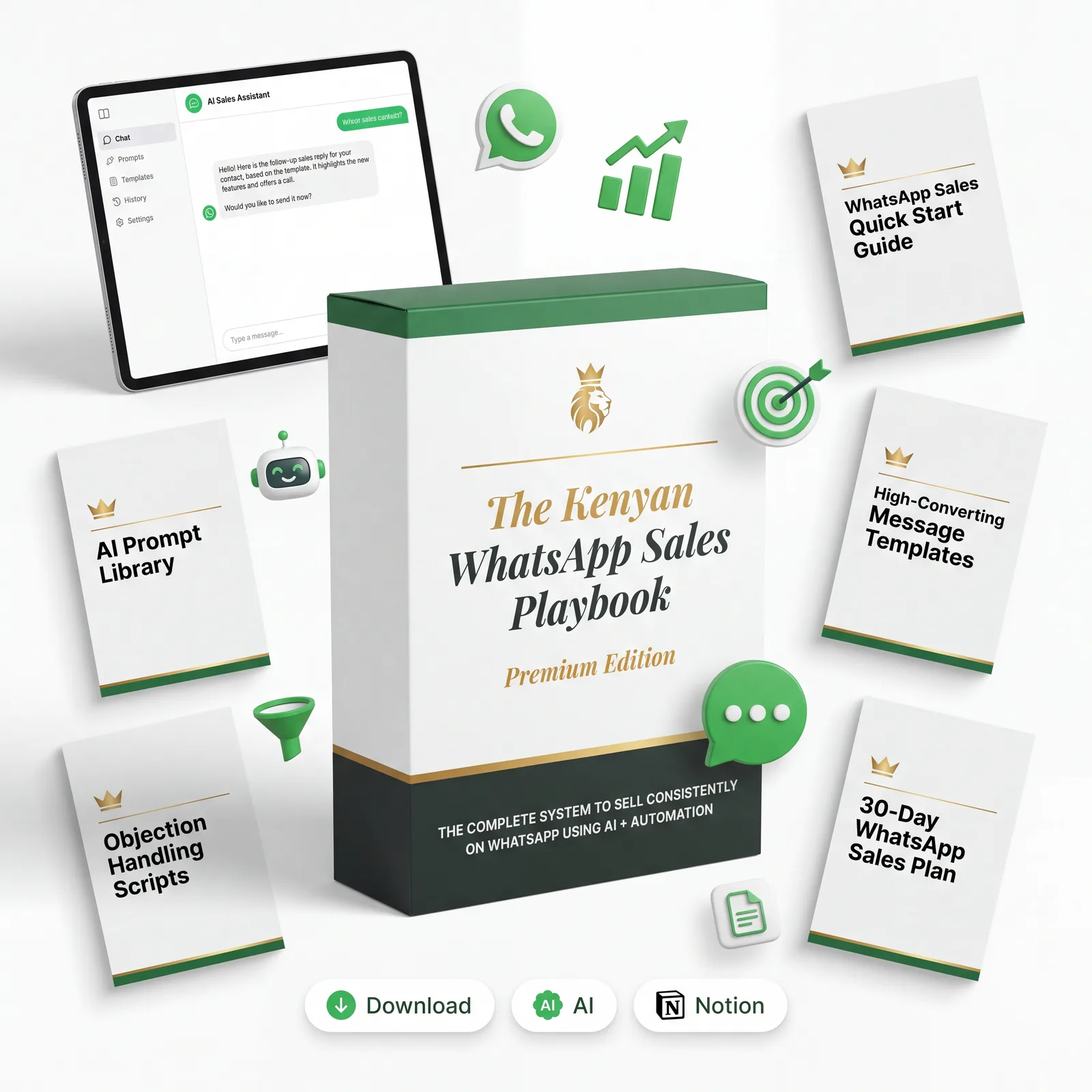 Kenyan WhatsApp Sales Playbook — boxed Premium Edition with the AI Sales Assistant, accessory guides, and a tablet running the AI Sales Assistant