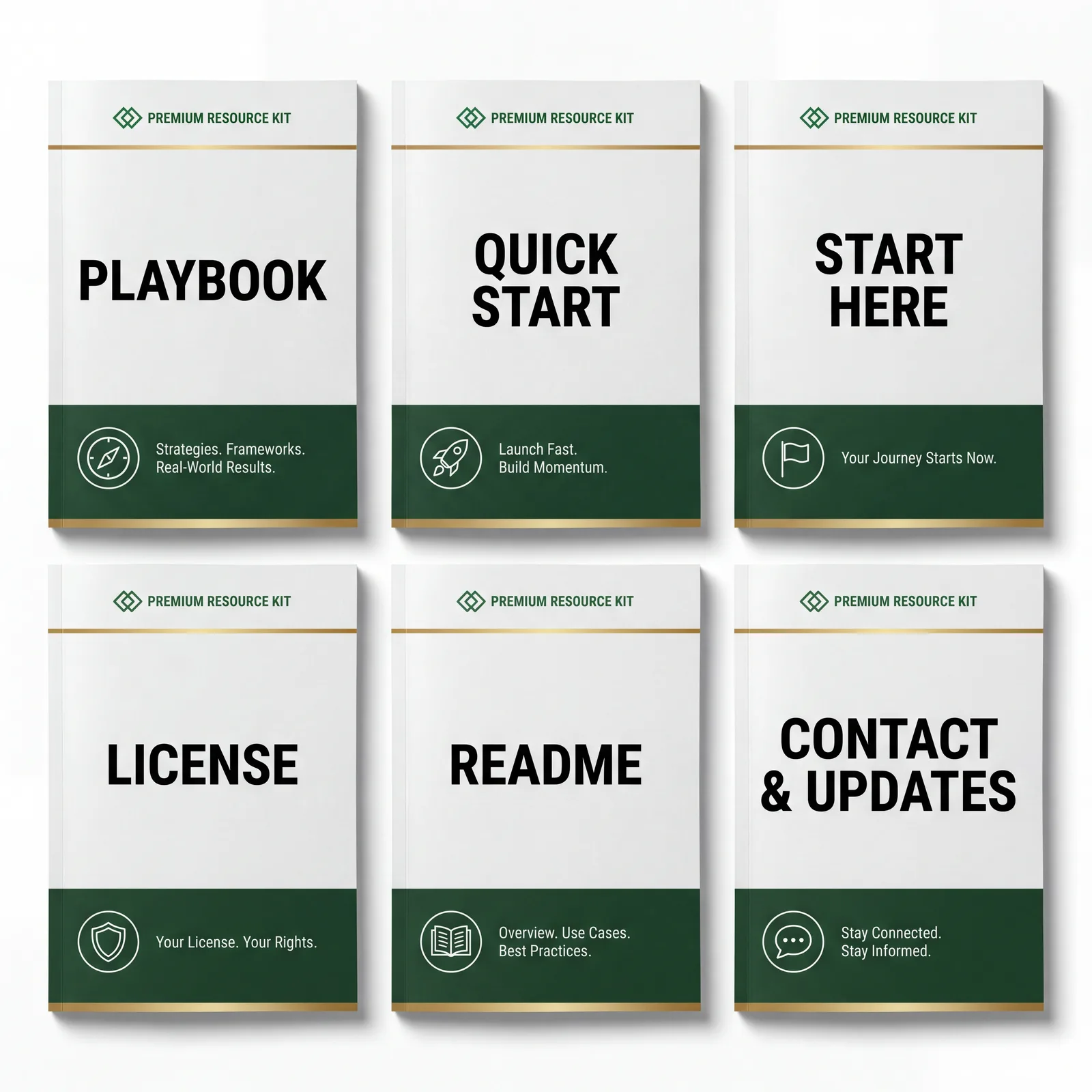 Six resource booklets: Playbook, Quick Start, Start Here, License, README, and Contact & Updates