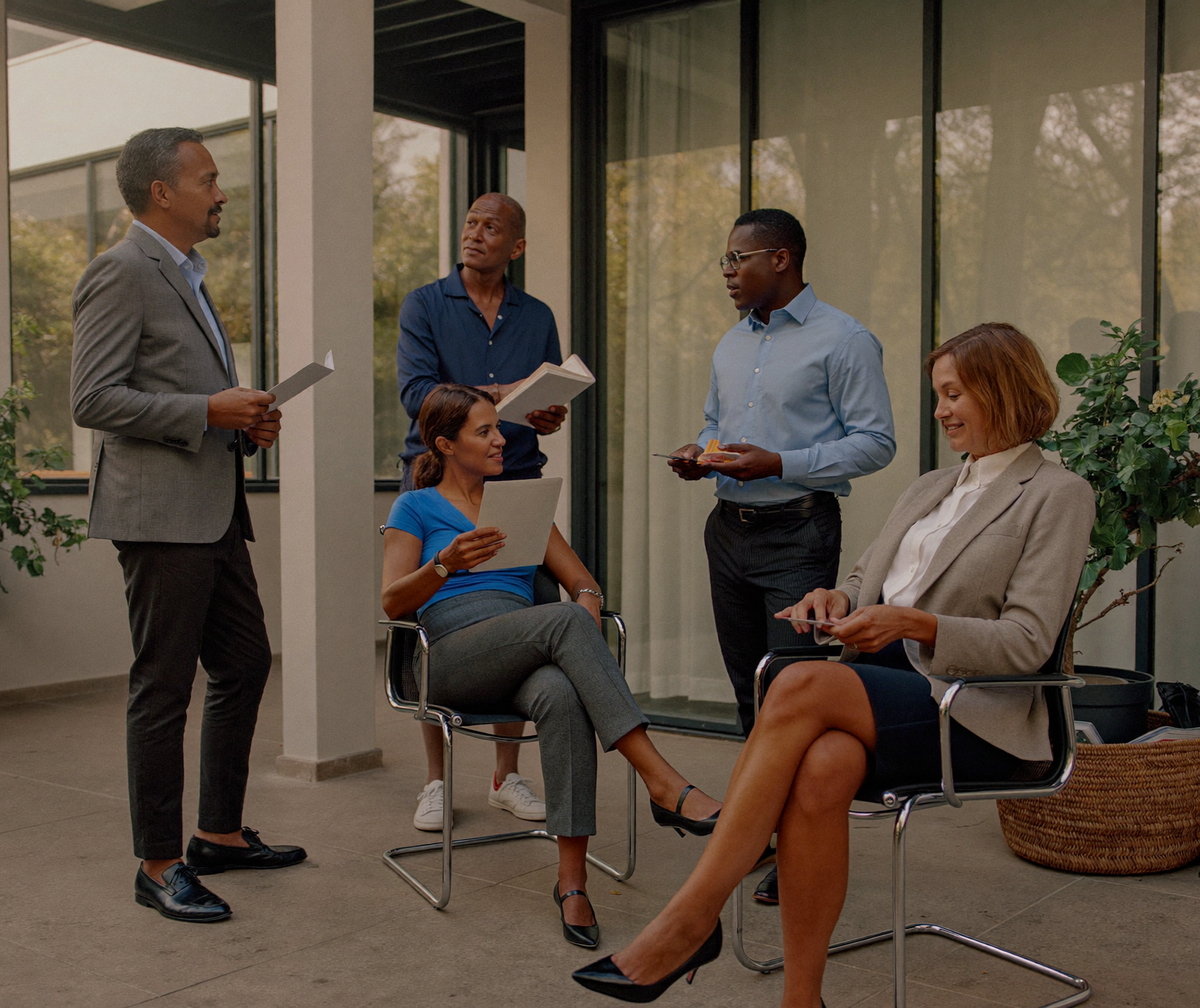 Kenyan entrepreneurs connecting outside a row of modern small businesses