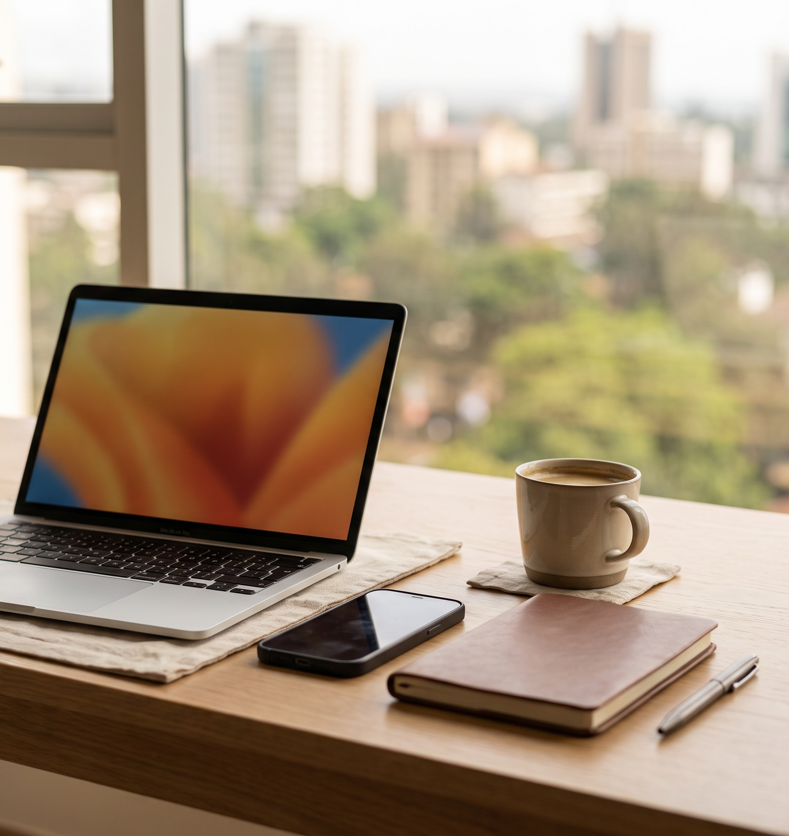 A clean desk workspace with a laptop and phone in a modern Kenyan office